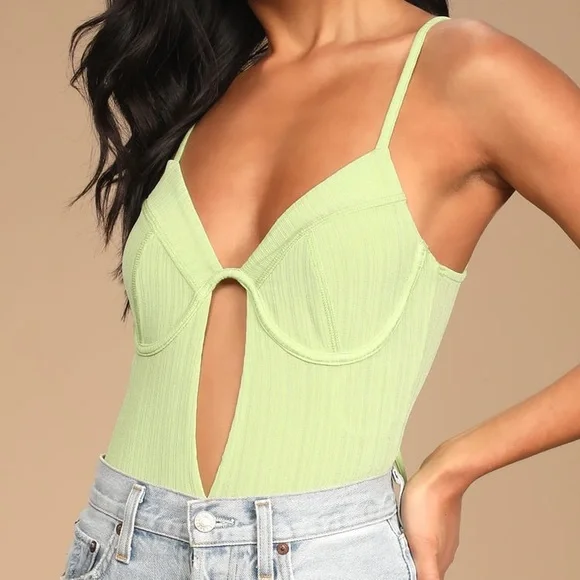 NEW Light Green Ribbed Tie-Back Cutout Bodysuit - Picture 2 of 6